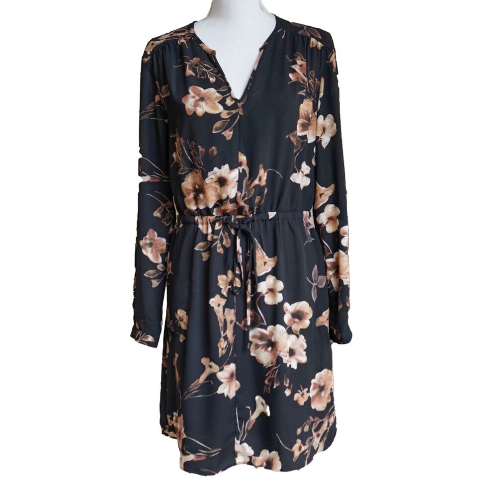 Black Dress Floral Long Sleeve Knee Length Tie Waist Dress Jasmine & Juliana